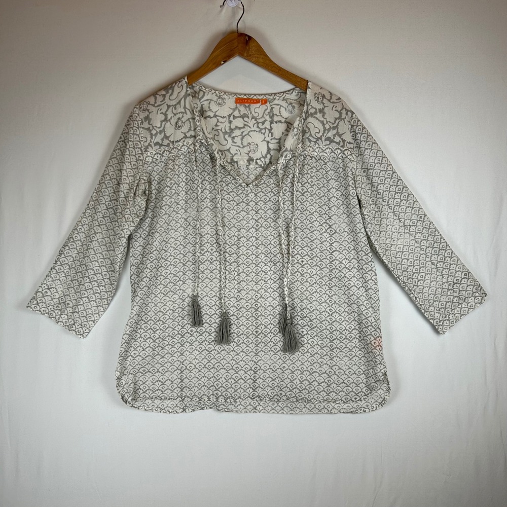 Oliphant Gray White Block Print Cotton Tassel Top Lightweight Womens Large